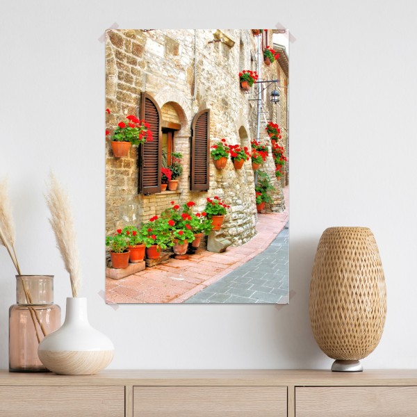 Poster sonnige steingasse mit roten geranien – Wallnifity® Poster sonnige steingasse mit roten geranien – Wallnifity®