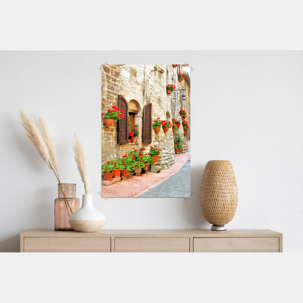 Poster sonnige steingasse mit roten geranien – Wallnifity® Poster sonnige steingasse mit roten geranien – Wallnifity®