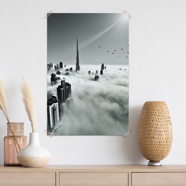 Poster neblige skyline von Dubai über den wolken – Wallnifity® Poster neblige skyline von Dubai über den wolken – Wallnifity®