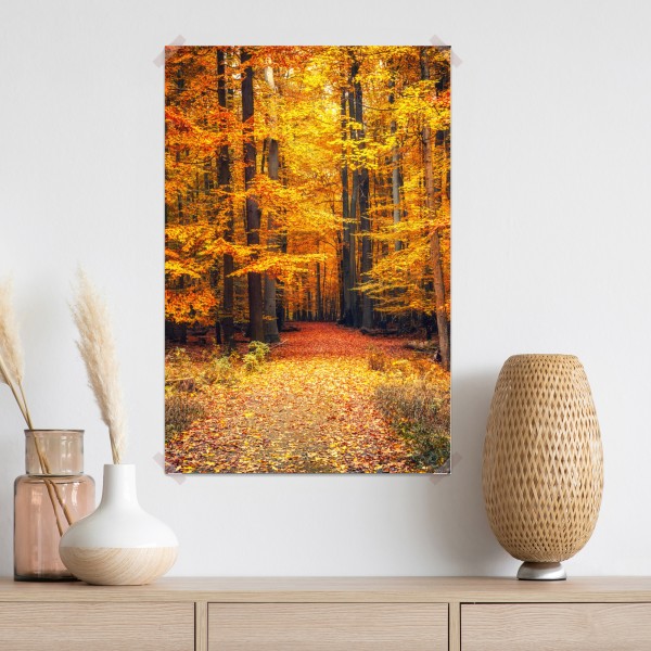 Poster herbstlicher waldpfad mit goldenen blättern – Wallnifity® Poster herbstlicher waldpfad mit goldenen blättern – Wallnifity®