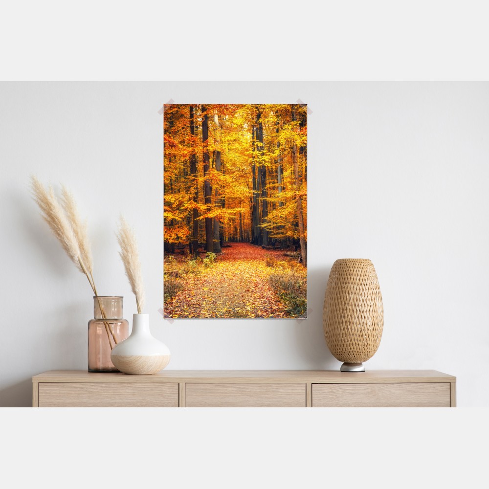 Poster herbstlicher waldpfad mit goldenen blättern – Wallnifity® Poster herbstlicher waldpfad mit goldenen blättern – Wallnifity®