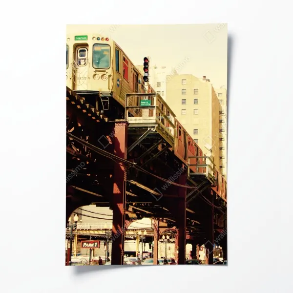 Poster retro hochbahn über der stadtstraße