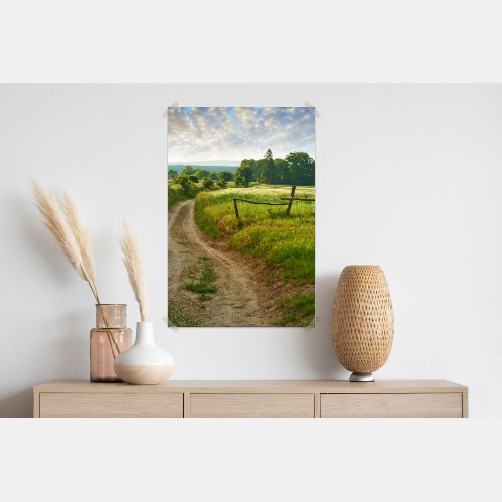 Poster sonniger landweg durch grüne wiesen – Wallnifity® Poster sonniger landweg durch grüne wiesen – Wallnifity®