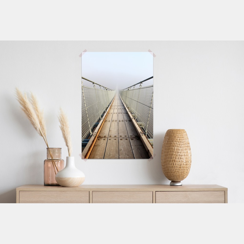 Poster neblige hängebrücke die in den nebel führt – Wallnifity® Poster neblige hängebrücke die in den nebel führt – Wallnifity®