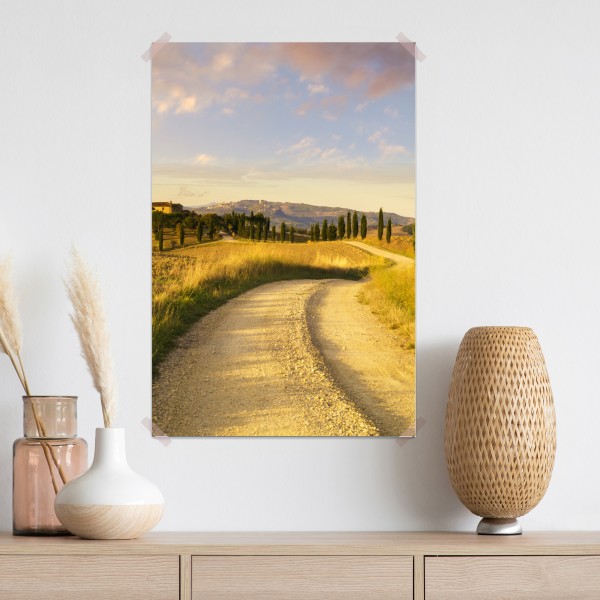Poster goldene landstraße zwischen zypressen – Wallnifity® Poster goldene landstraße zwischen zypressen – Wallnifity®