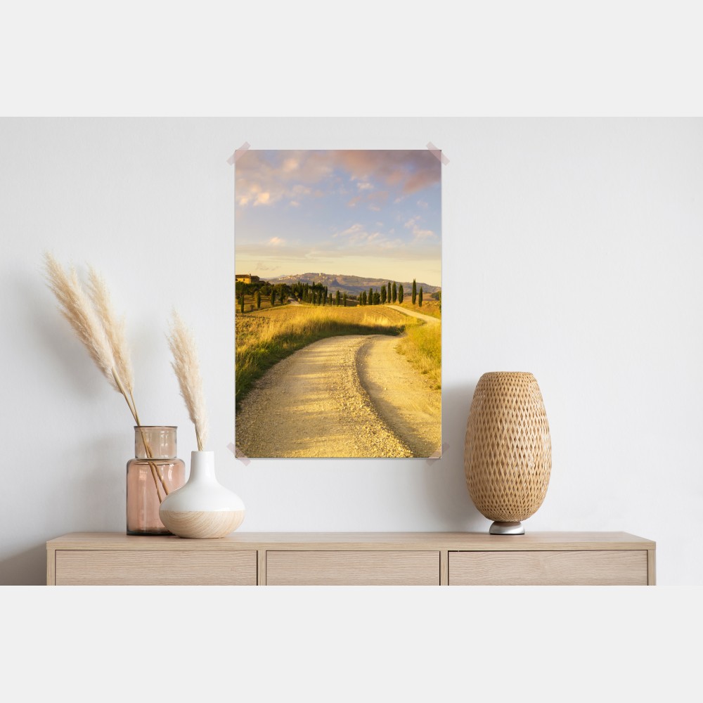 Poster goldene landstraße zwischen zypressen – Wallnifity® Poster goldene landstraße zwischen zypressen – Wallnifity®
