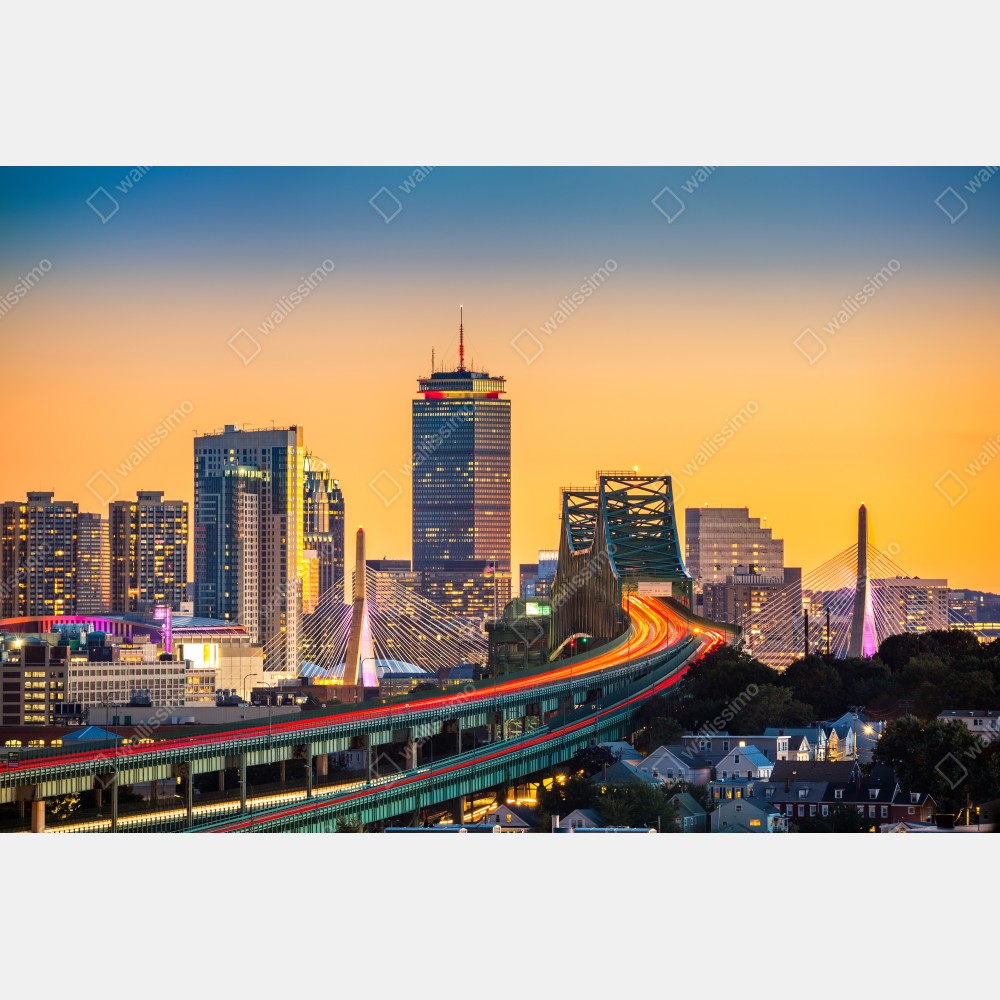 Poster panorama von Boston bei sonnenuntergang mit Zakim und Tobin brücken – Wallnifity® Poster panorama von Boston bei sonnenuntergang mit Zakim und Tobin brücken – Wallnifity®