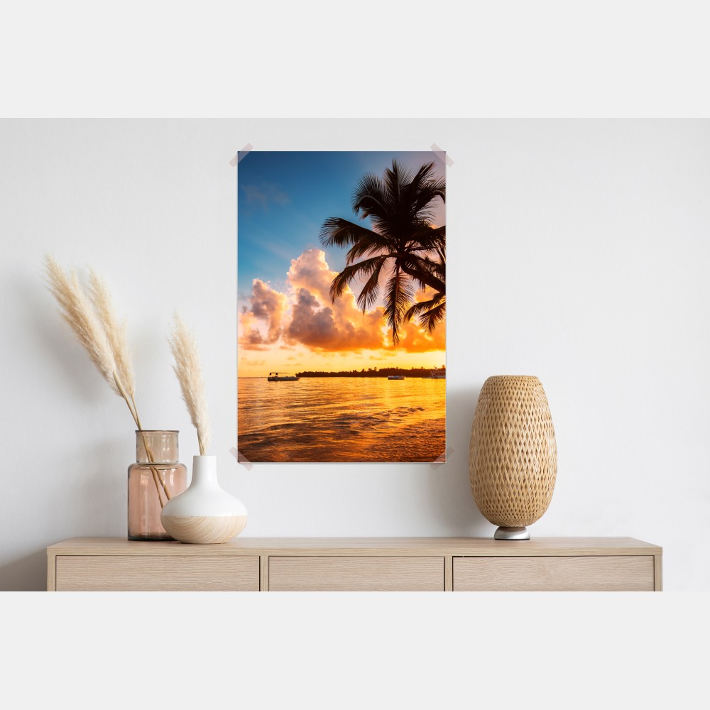 Poster tropischer sonnenuntergang mit palmensilhouetten, Dominikanische Republik – Wallnifity® Poster tropischer sonnenuntergang mit palmensilhouetten, Dominikanische Republik – Wallnifity®