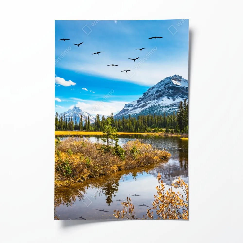 Poster herbstlicher bergsee mit vögeln – Wallnifity® Poster herbstlicher bergsee mit vögeln – Wallnifity®