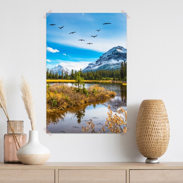 Poster herbstlicher bergsee mit vögeln – Wallnifity® Poster herbstlicher bergsee mit vögeln – Wallnifity®