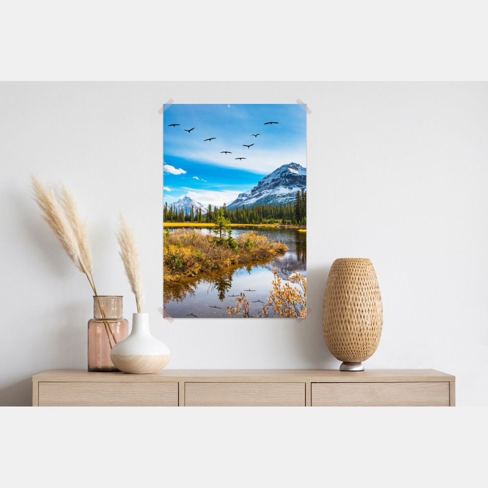 Poster herbstlicher bergsee mit vögeln – Wallnifity® Poster herbstlicher bergsee mit vögeln – Wallnifity®