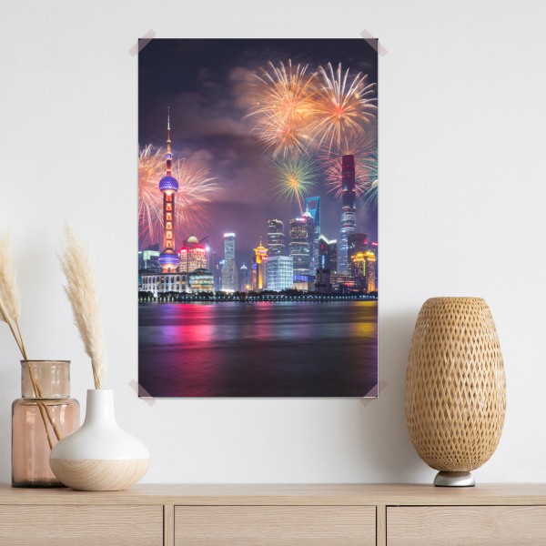 Poster Shanghai skyline mit feuerwerk über dem Huangpu – Wallnifity® Poster Shanghai skyline mit feuerwerk über dem Huangpu – Wallnifity®