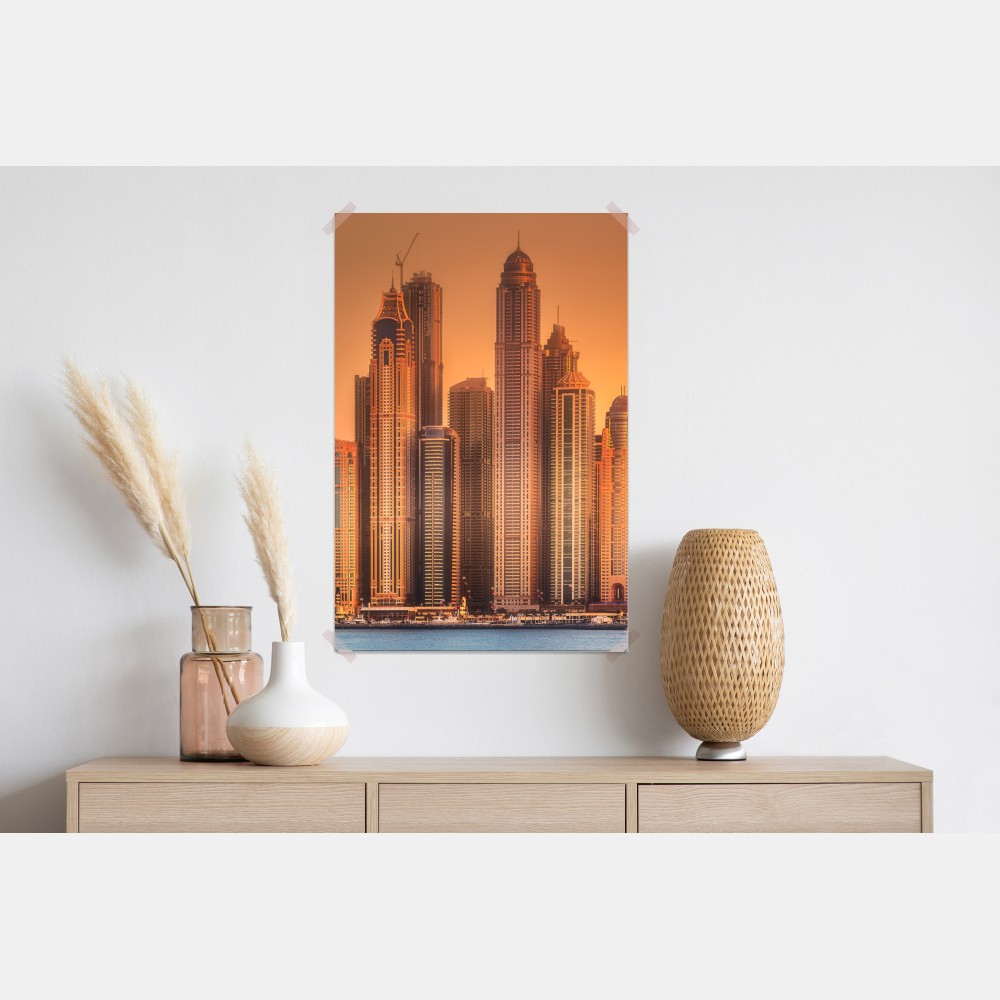 Poster Dubai skyline im goldenen licht – Wallnifity® Poster Dubai skyline im goldenen licht – Wallnifity®