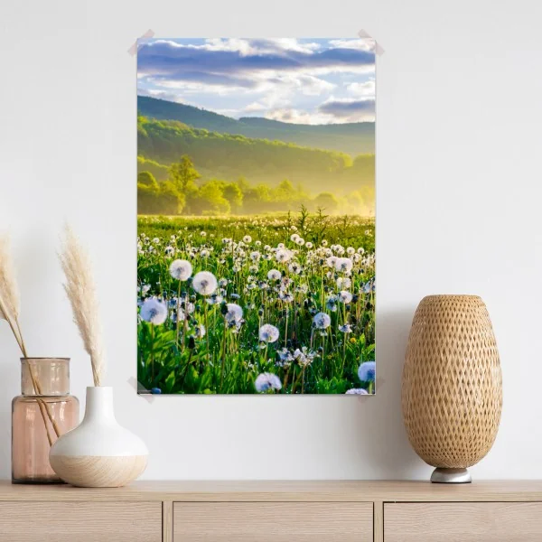 Poster neblige löwenzahnwiese im sonnenaufgang – Wallnifity® Poster neblige löwenzahnwiese im sonnenaufgang – Wallnifity®