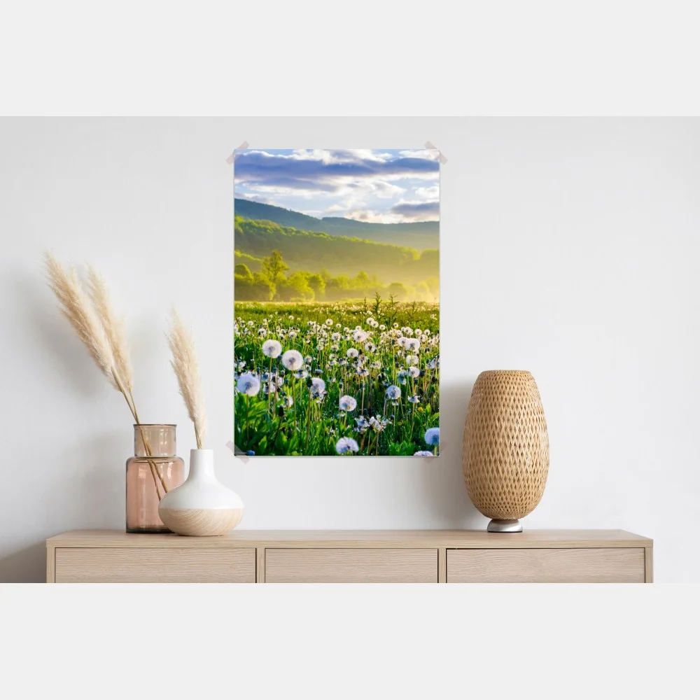 Poster neblige löwenzahnwiese im sonnenaufgang – Wallnifity® Poster neblige löwenzahnwiese im sonnenaufgang – Wallnifity®