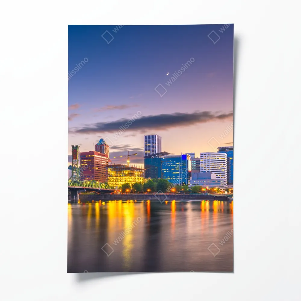 Poster Portland skyline in der dämmerung über dem Willamette – Wallnifity® Poster Portland skyline in der dämmerung über dem Willamette – Wallnifity®