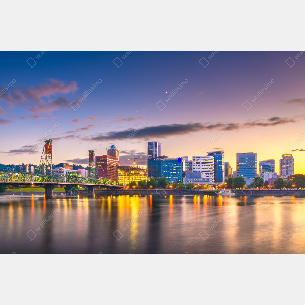 Poster Portland skyline in der dämmerung über dem Willamette – Wallnifity® Poster Portland skyline in der dämmerung über dem Willamette – Wallnifity®