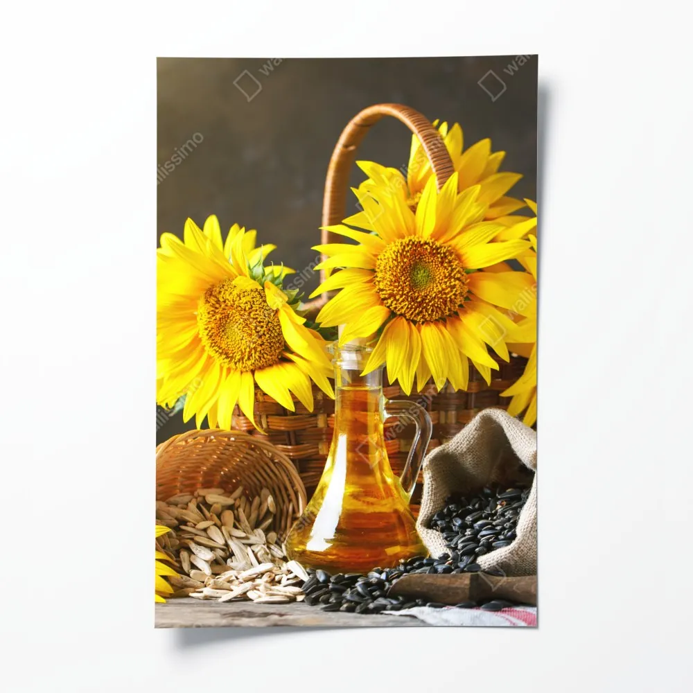 Poster leuchtendes stillleben mit sonnenblumen, kernen und öl – Wallnifity® Poster leuchtendes stillleben mit sonnenblumen, kernen und öl – Wallnifity®