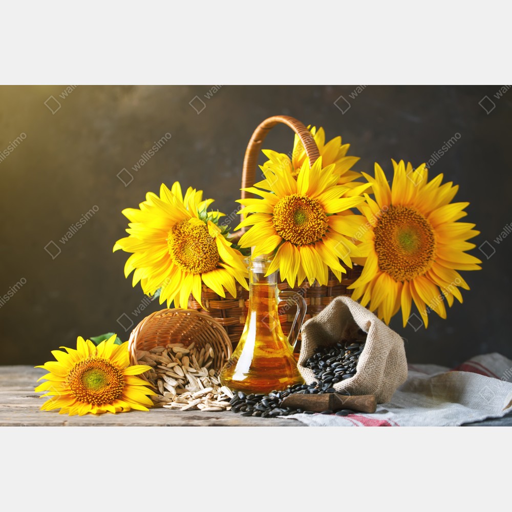 Poster leuchtendes stillleben mit sonnenblumen, kernen und öl – Wallnifity® Poster leuchtendes stillleben mit sonnenblumen, kernen und öl – Wallnifity®