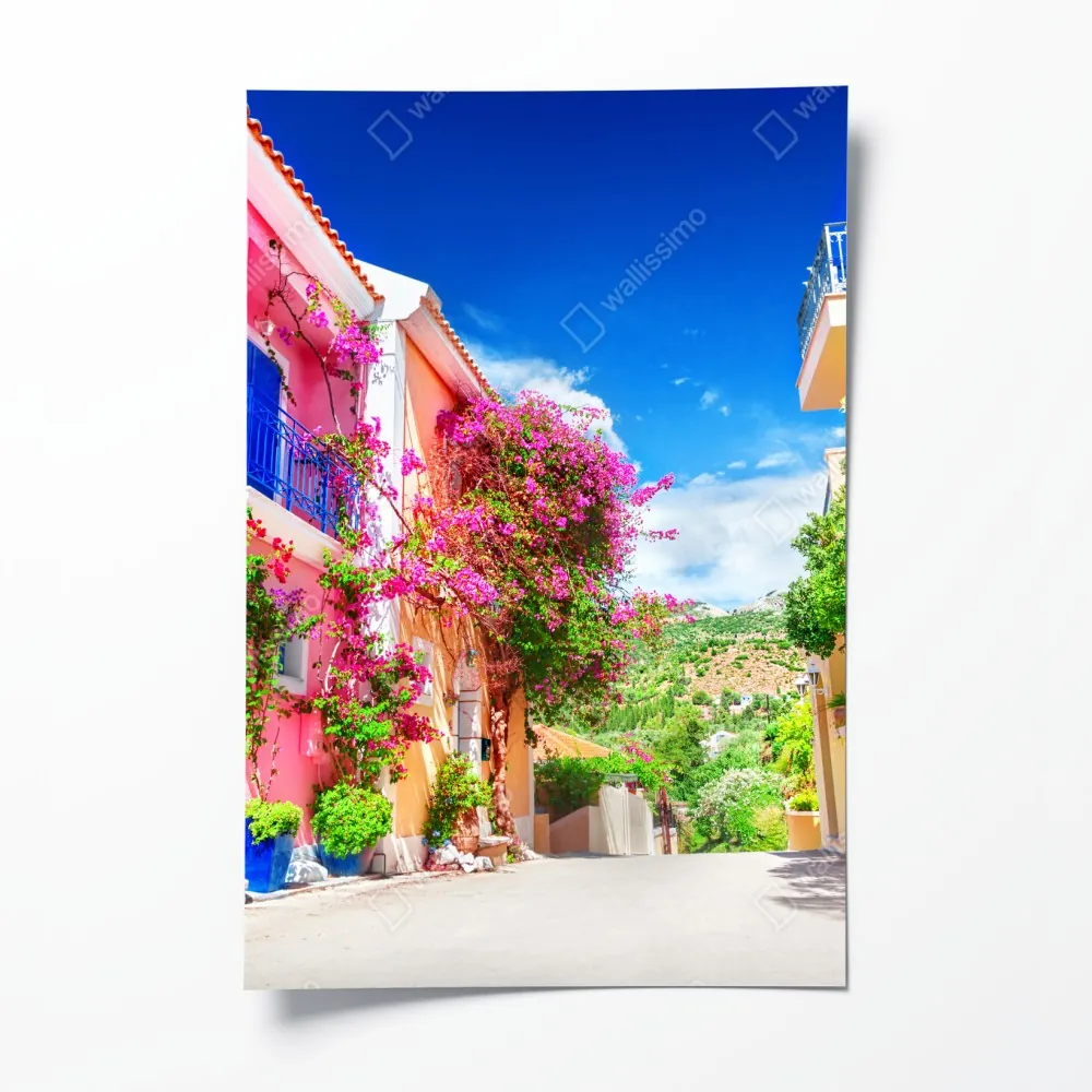Poster bunte gasse auf Kefalonia – Wallnifity®