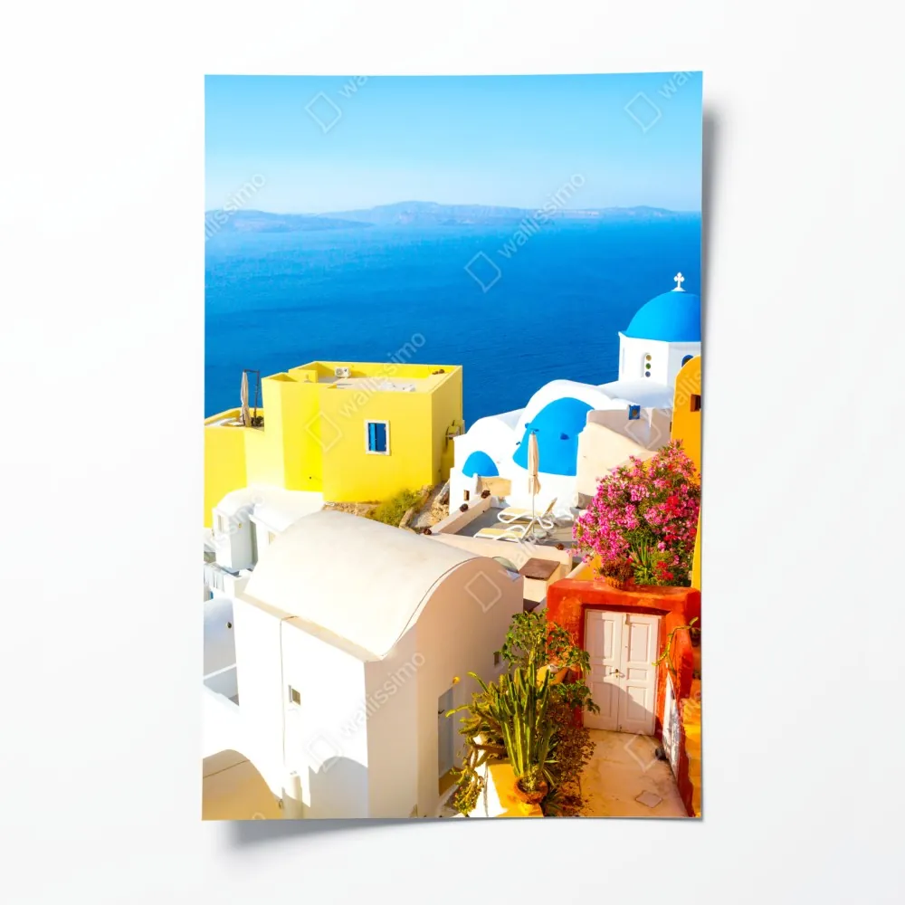 Poster sonniges Santorini küstendorf – Wallnifity® Poster sonniges Santorini küstendorf – Wallnifity®