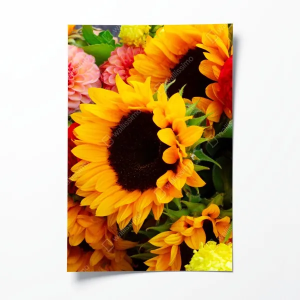Poster nahaufnahme sonnenblumen- und dahlienstrauß – Wallnifity® Poster nahaufnahme sonnenblumen- und dahlienstrauß – Wallnifity®