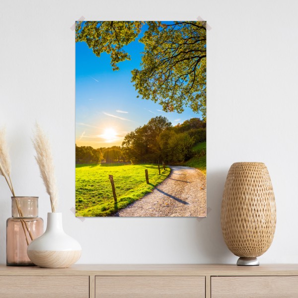 Poster sonnenbeschienene wiese mit landweg bei sonnenuntergang – Wallnifity® Poster sonnenbeschienene wiese mit landweg bei sonnenuntergang – Wallnifity®