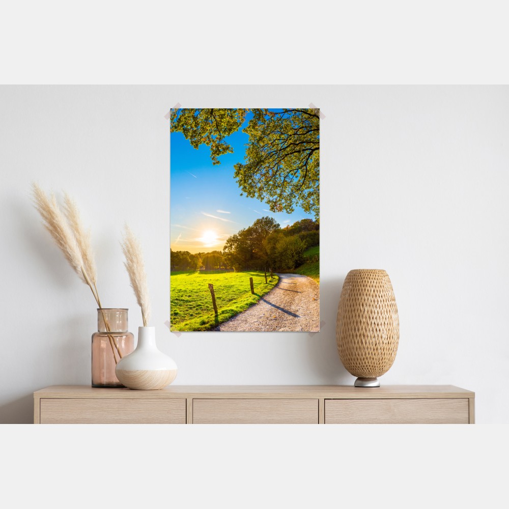 Poster sonnenbeschienene wiese mit landweg bei sonnenuntergang – Wallnifity® Poster sonnenbeschienene wiese mit landweg bei sonnenuntergang – Wallnifity®
