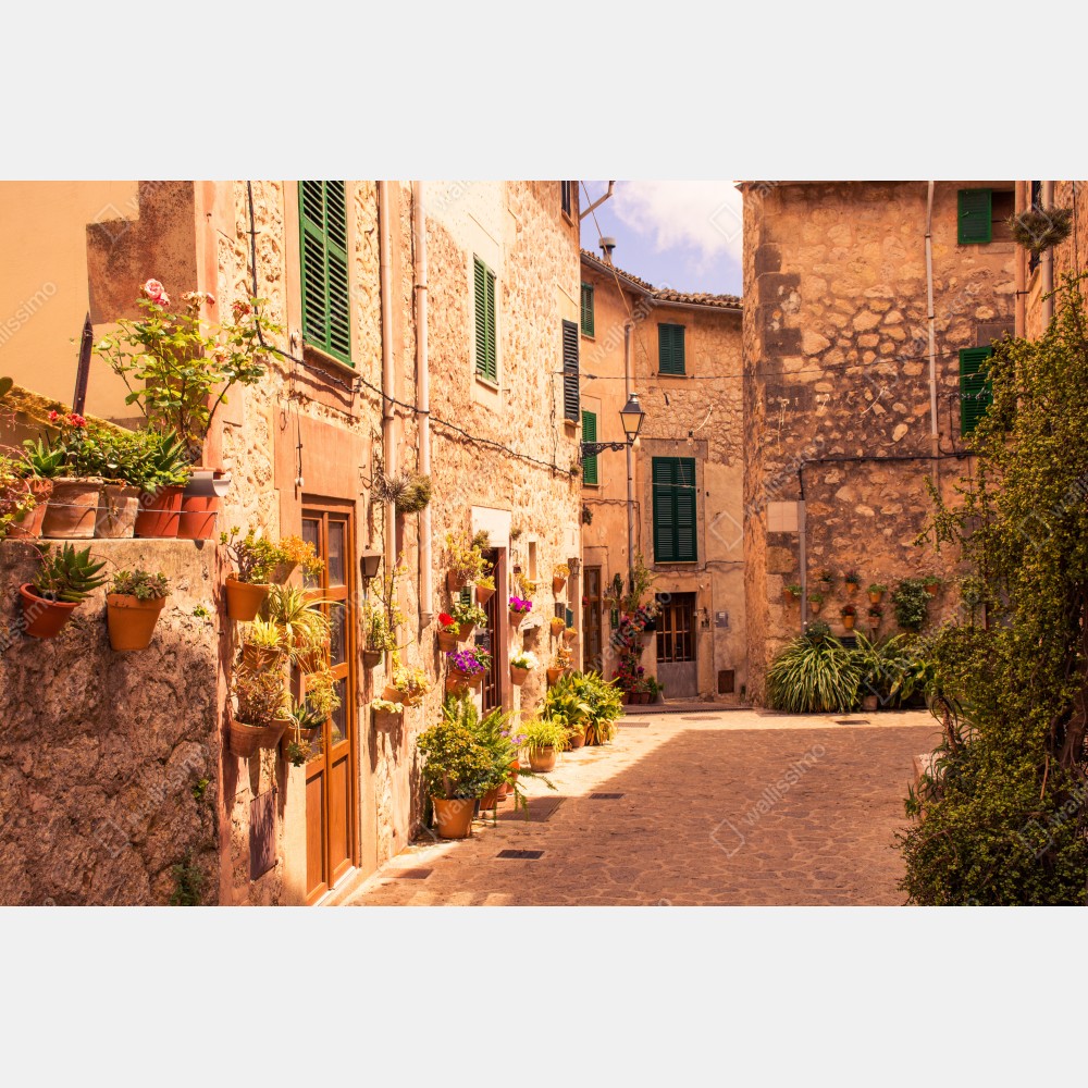 Poster sonnige mediterrane gasse mit blumentöpfen – Wallnifity® Poster sonnige mediterrane gasse mit blumentöpfen – Wallnifity®