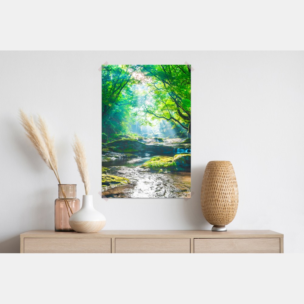 Poster sonnendurchfluteter waldbach mit moosbedeckten steinen – Wallnifity® Poster sonnendurchfluteter waldbach mit moosbedeckten steinen – Wallnifity®