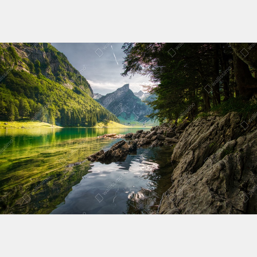 Poster ruhiger bergsee mit spiegelungen im wald – Wallnifity® Poster ruhiger bergsee mit spiegelungen im wald – Wallnifity®