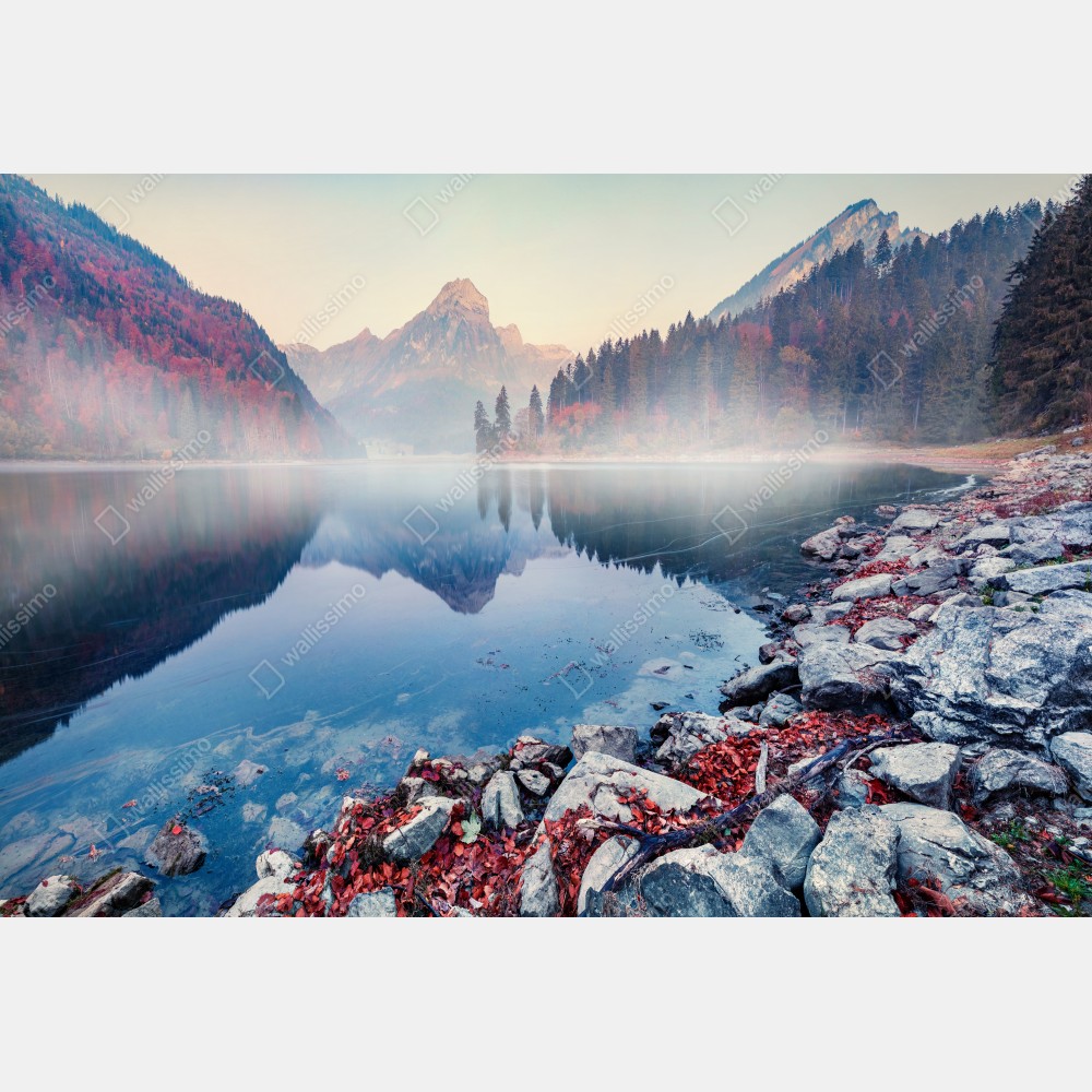 Poster nebliger herbstmorgen am Obersee, Schweizer Alpen – Wallnifity® Poster nebliger herbstmorgen am Obersee, Schweizer Alpen – Wallnifity®