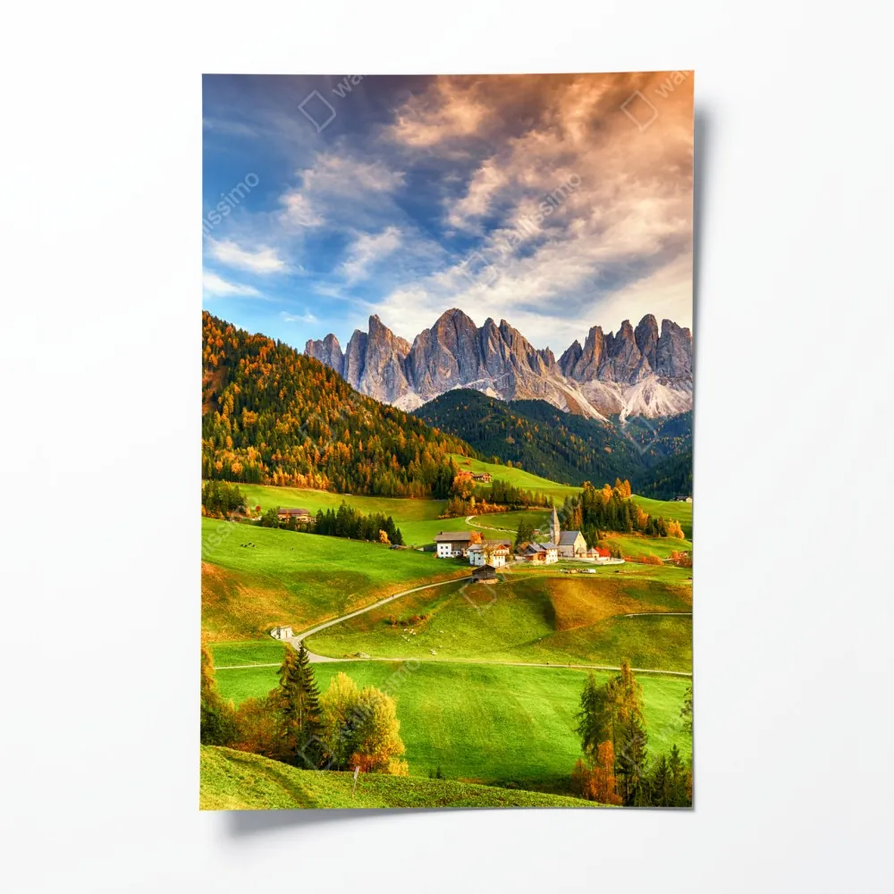Poster herbstlicher sonnenuntergang über Santa Maddalena, Dolomiten – Wallnifity® Poster herbstlicher sonnenuntergang über Santa Maddalena, Dolomiten – Wallnifity®