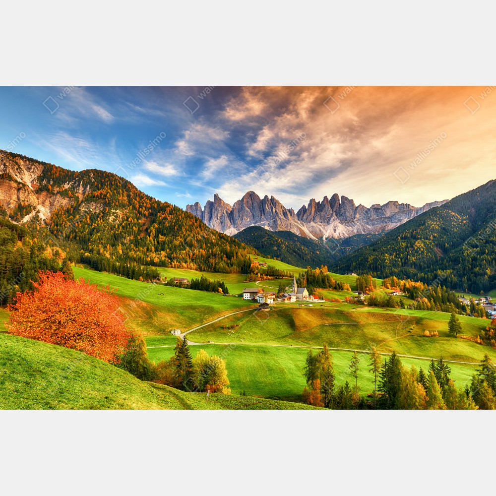 Poster herbstlicher sonnenuntergang über Santa Maddalena, Dolomiten – Wallnifity® Poster herbstlicher sonnenuntergang über Santa Maddalena, Dolomiten – Wallnifity®