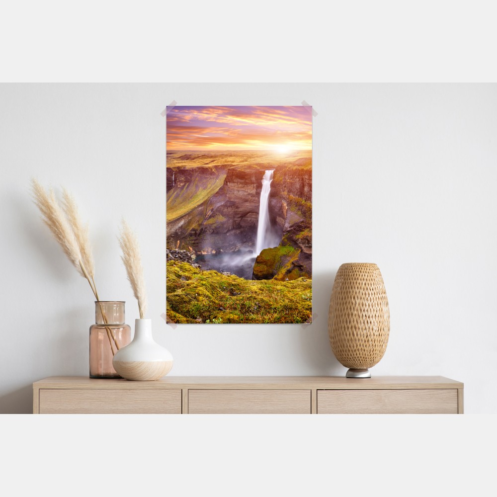 Poster Haifoss wasserfall bei sonnenuntergang – Wallnifity® Poster Haifoss wasserfall bei sonnenuntergang – Wallnifity®