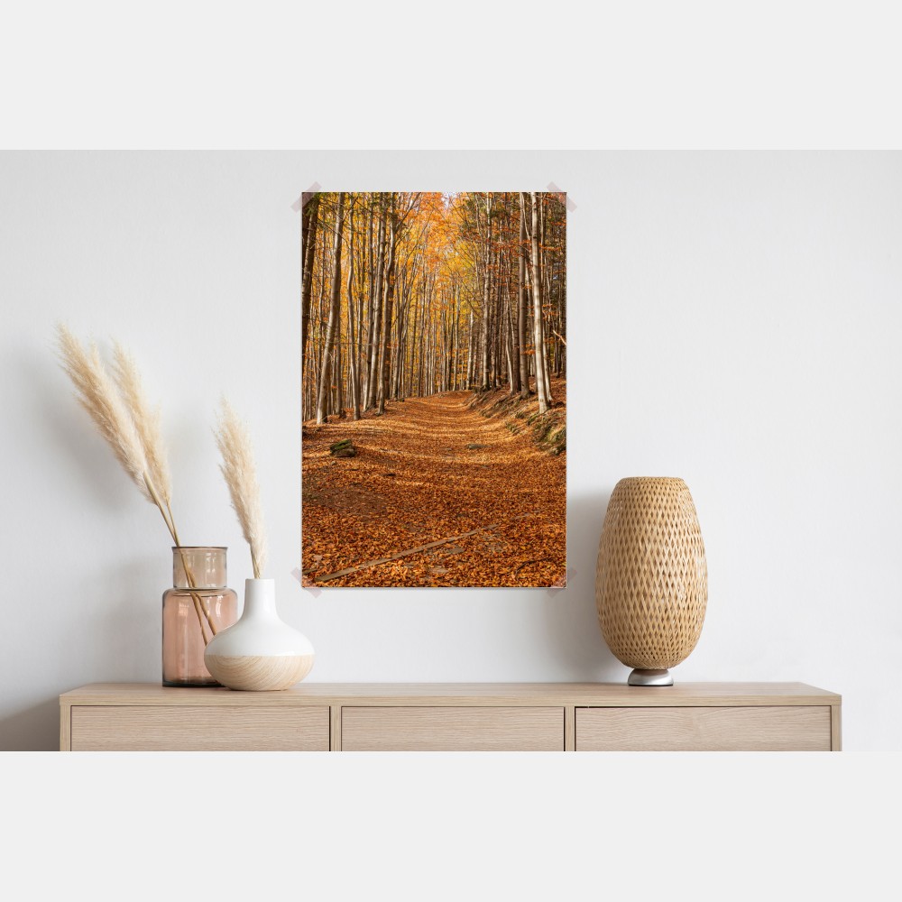 Poster herbstlicher waldweg mit goldenen blättern – Wallnifity® Poster herbstlicher waldweg mit goldenen blättern – Wallnifity®