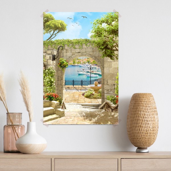 Poster mediterraner blick durch eine arkade – Wallnifity® Poster mediterraner blick durch eine arkade – Wallnifity®