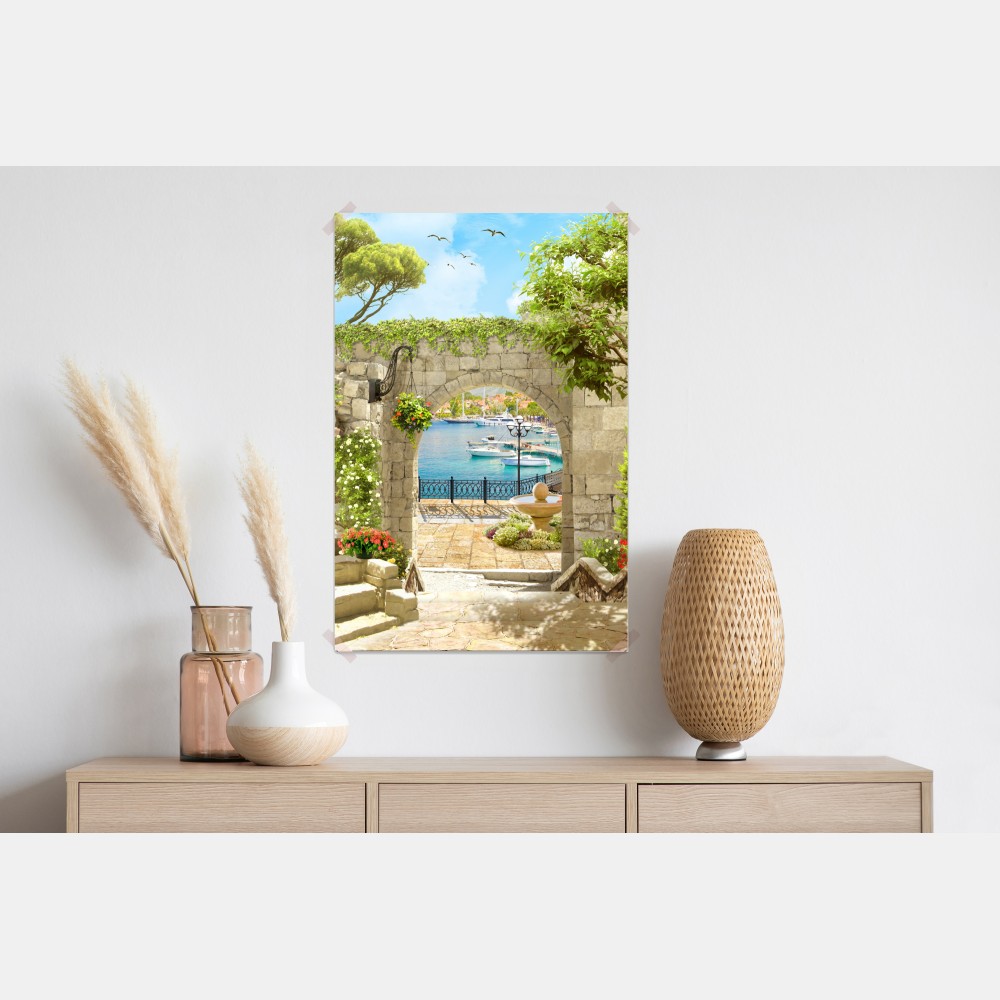 Poster mediterraner blick durch eine arkade – Wallnifity® Poster mediterraner blick durch eine arkade – Wallnifity®